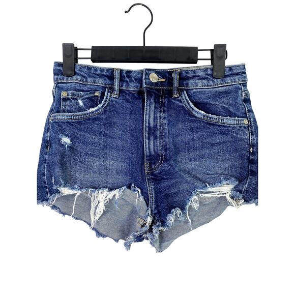 ZARA Mid Rise Cuttoff Frayed Jean Shorts Raw Ripped Hem Pockets 4 Blue #3068 - Picture 1 of 14